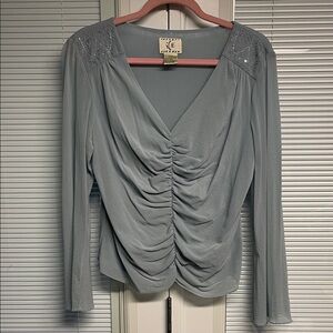 WOMENS ICE BLUE GRAY V-NECK RUCHED BELL SLEEVES CHIFFON BLOUSE WITH BUGLE BEADS
